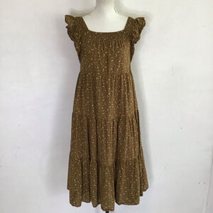 Madewell Women Elegant Brown Gold Floral Tiered Midi Summer Dress XS
